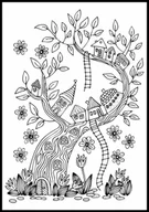 Kolorowanki, wyklejanki - Kolorowanka w formie plakatu z grafiką fantazyjna wioska na drzewie, format A4 - miniaturka - grafika 1