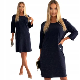 GRANATOWA PROSTA ŚWIECĄCA BROKATOWA SUKIENKA MINI SYLWESTER ROZMIAR 44 - Sukienki - miniaturka - grafika 1