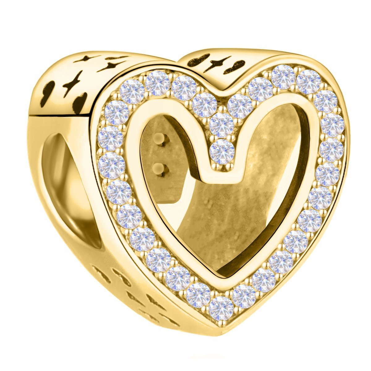 Złoty Charms Lśniący Ażurowe Serce z Cyrkoniami Serduszko SREBRO 925