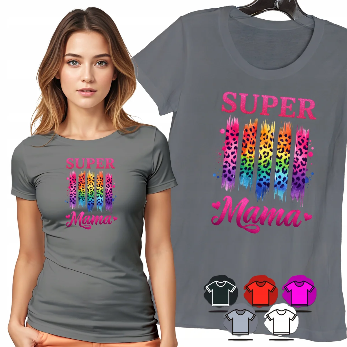 KOSZULKA DAMSKA T-SHIRT - SUPER MAMA TĘCZOWA PANTERKA KOLOROWY DAMSKI - M