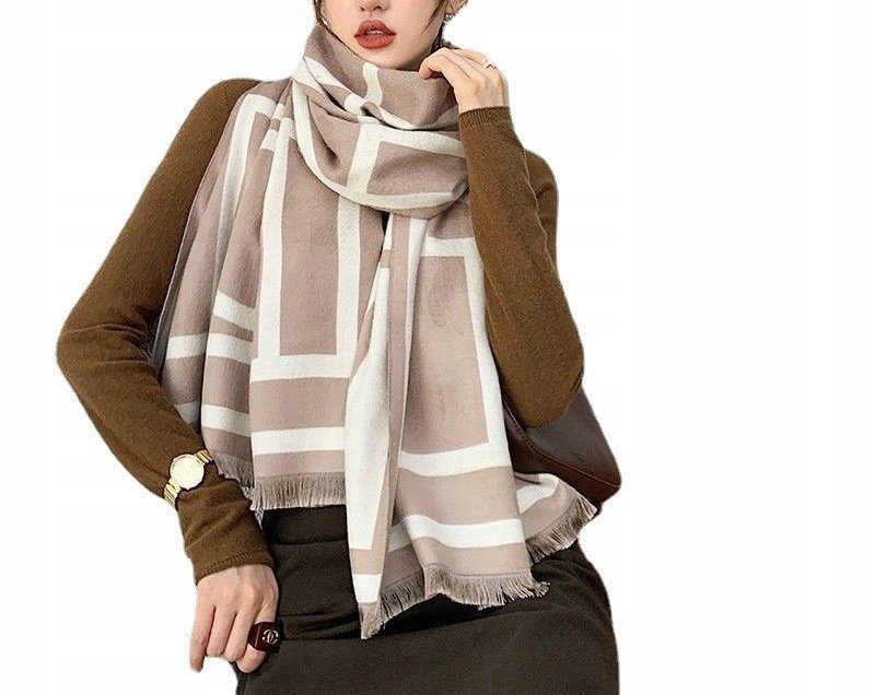 elegancki damski SZAL na zimę ciepły SZALIK szykowny 180x66 beżowy