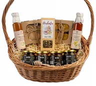 Zestawy upominkowe - Wiklinowy kosz prezentowy, delikatesowy z herbatą i produktami miodowymi, syropy naturalne - miniaturka - grafika 1