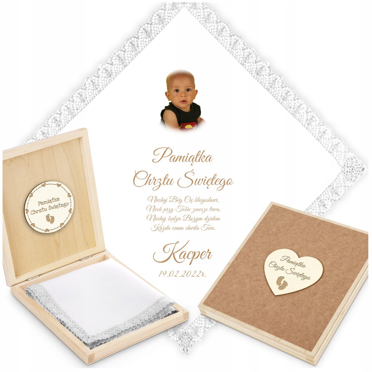 Szatka do Chrztu z Imieniem Biała Szatka na Chrzest ze ZDJĘCIEM PUDEŁKO szt