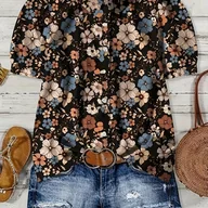 Koszule damskie - TEMU Elegancka Bluzka Damska z Krótkim Rękawem - Ciemnobrązowa i Wielokolorowa z Dużym Kwiatowym Nadrukiem na Kołnierzyku, Koszula z Guzikami z - miniaturka - grafika 1