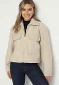 Kurtki damskie - Beżowa Pudełkowa Kurtka z Kołnierzykiem i Kieszeniami o Krótkim Fasonie Neliella - miniaturka - grafika 1