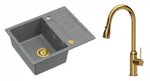 Quadron Unique Zlewozmywak granitowy jednokomorowy 62*50*22 cm z ociekaczem MORGAN 116 SILVER STONE z syfonem Push-2-Open w kolorze złotym z baterią JESSICA Q LINE z wyciąganą wylewką i funkcją prysznica kolor złoty - Zlewozmywaki z baterią - miniaturka - grafika 1