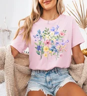 Koszulki i topy damskie - Różowa koszulka damska z nadrukiem kolorowych kwiatów - wzór kwiatki7 - miniaturka - grafika 1