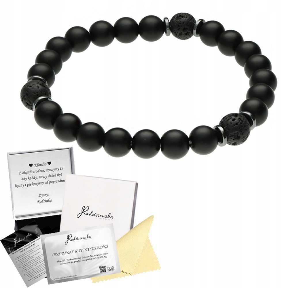 Męska Bransoleta z Kamieni Naturalnych Onyks Lawa Wulkaniczna Prezent