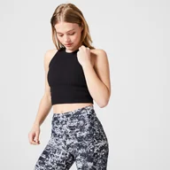 Koszulki sportowe damskie - Koszulka damska crop top bez rękawów z kolekcji fitness w motyw lamparta, czarna - miniaturka - grafika 1
