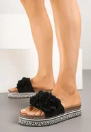 Klapki i japonki damskie - Czarne Klapki na Grubej Podeszwie z Plecionką i Kwiatami 3D Clesindra - miniaturka - grafika 1