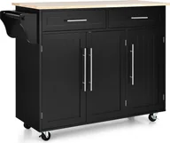 Ręczniki - KOMFOTTEU Wózek kuchenny na kółkach, wózek do serwowania z uchwytem na ręczniki i regulowanymi półkami, duża drewniana wyspa kuchenna, mobilny wózek boczny do szafek kuchennych, czarny - miniaturka - grafika 1