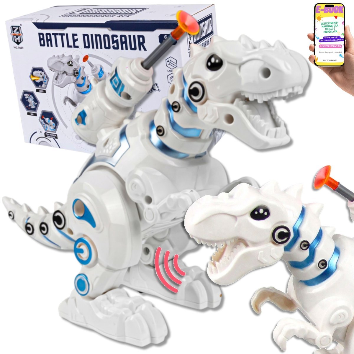 INTERAKTYWNY DINOZAUR T-REX ROBOT RYCZY ŚWIECI STRZELA STRZAŁKAMI ZIEJE OGNIEM LED PREZENT DLA 7 8 9 10 11 12 latka + EBOOK