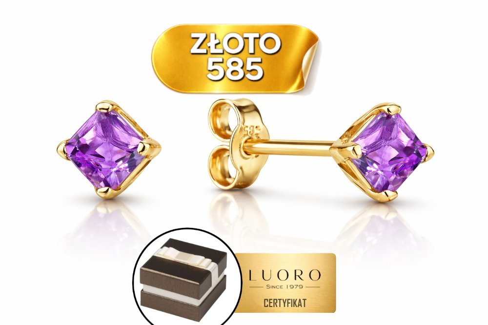 KOLCZYKI ZŁOTE 585 14K KWADRAT Z NATURALNYM AMETYSTEM SZTYFT 5 MM