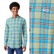 Koszule męskie - Wrangler 1 POCKET SHIRT Reseda BAWEŁNIANA + LEN KOSZULA W KRATĘ REGULAR M - miniaturka - grafika 1