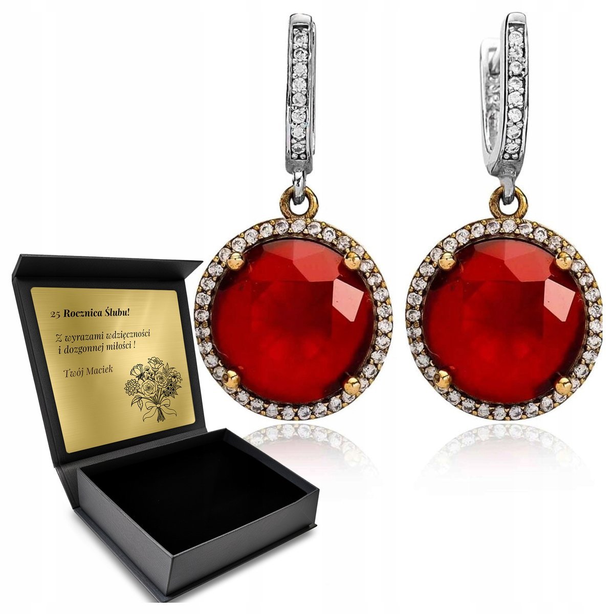 Kolczyki Srebrne 925 Cyrkonie Rubin Biżuteria Dla Kobiety + Grawer