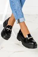 Mokasyny damskie - Czarne mokasyny skórzane damskie na platformie półbuty z metalową ozdobą PRODUKT POLSKI Casu 08341-NO-40 - miniaturka - grafika 1