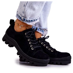 S.Barski Damskie Zamszowe Półbuty Wiązane Czarne Mayson - Półbuty damskie - miniaturka - grafika 1