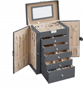 SZKATUŁKA NA BIŻUTERIĘ 6 SZUFLADEK SZARA KUFEREK ORGANIZER PUDEŁKO BOX - Pudełka i szkatułki - miniaturka - grafika 1