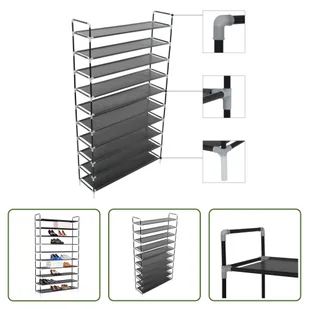 The Living Store Stojak na buty z 10 półkami Metal i włóknina Czarny - Szafki na buty - miniaturka - grafika 1