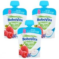 Desery dla dzieci - BoboVita JogoMi! Owoce z jogurtem z truskawkami i malinami po 8 miesiącu Zestaw 3 x 80 g - miniaturka - grafika 1