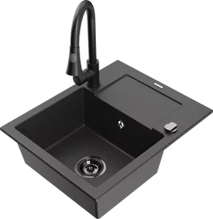 Mexen Enzo zlewozmywak granitowy 1-komorowy z ociekaczem i baterią kuchenną Elia, czarny nakrapiany - 6506-76-670101-70-B - Zlewozmywaki z baterią - miniaturka - grafika 1
