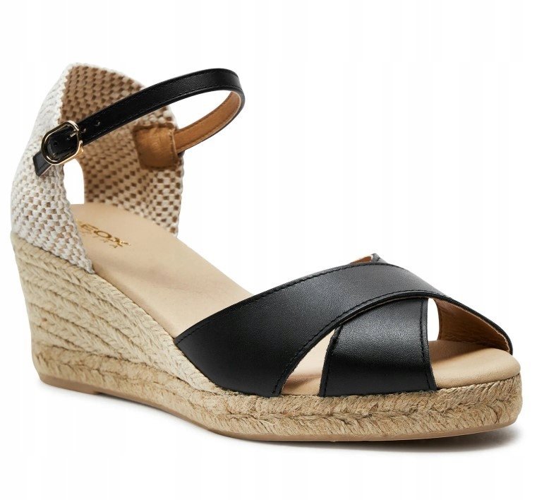 GEOX ESPADRYLE NA KOTURNIE DAMSKIE ZE SKÓRĄ CZARNE 39 Ż9N