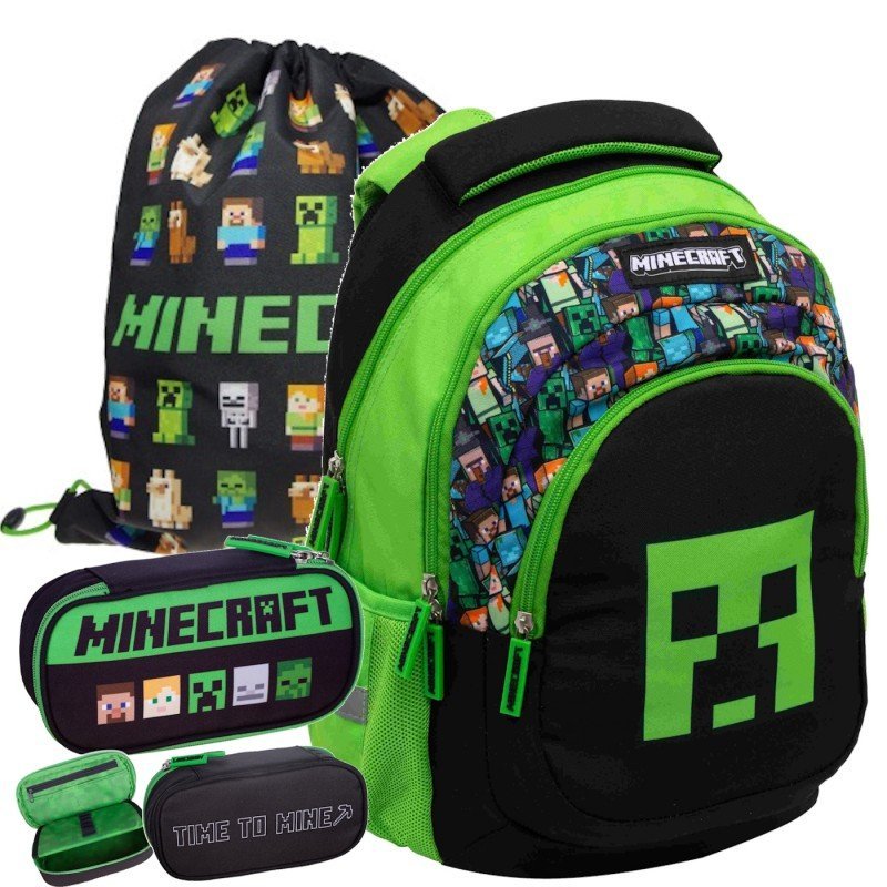 Zestaw szkolny plecak piórnik worek Minecraft Czarno-zielony Oficjalna Licencja