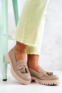 Półbuty damskie - Damskie Skórzane Półbuty Frędzle Maciejka 05497-04 Beżowe-36 - miniaturka - grafika 1