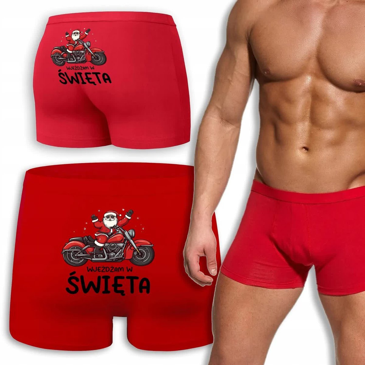 BOKSERKI MĘSKIE Czerwone Na Prezent Mikołajki WJEŻDŻAM W ŚWIĘTA Wzory - XL