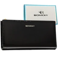 Portfele - Portfel damski na karty czarny ROVICKY rfid duży na zatrzask i suwak slim - miniaturka - grafika 1