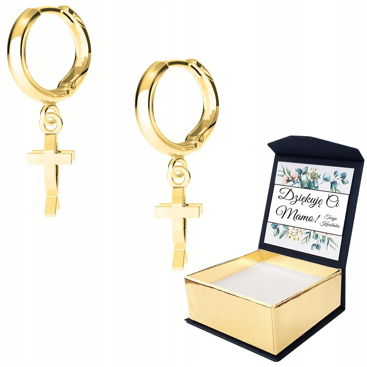 Kolczyki złote Krzyż Rybka Krzyżyk WŁASNY NADRUK