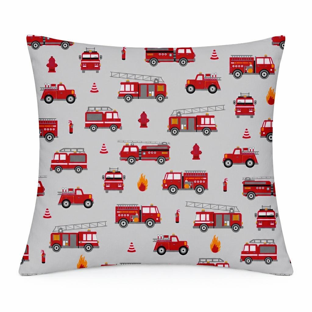 Poszewka bawełniana 40x40 szara w czerwone wozy strażackie, dziecięcy nowoczesny - COTTON HOME KIDS