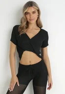 Bluzki damskie - Czarna Krótka Bluzka z Metaliczną Nitką i Ozdobnym Węzłem Leuconoe - miniaturka - grafika 1