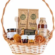 Zestawy upominkowe - Kosz prezentowy zestaw koszyk na prezent herbata kawa miód syrop słodycze - miniaturka - grafika 1