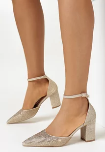 Złote Brokatowe Czółenka z Cyrkoniami i Szpiczastym Noskiem Saha - Czółenka - miniaturka - grafika 1