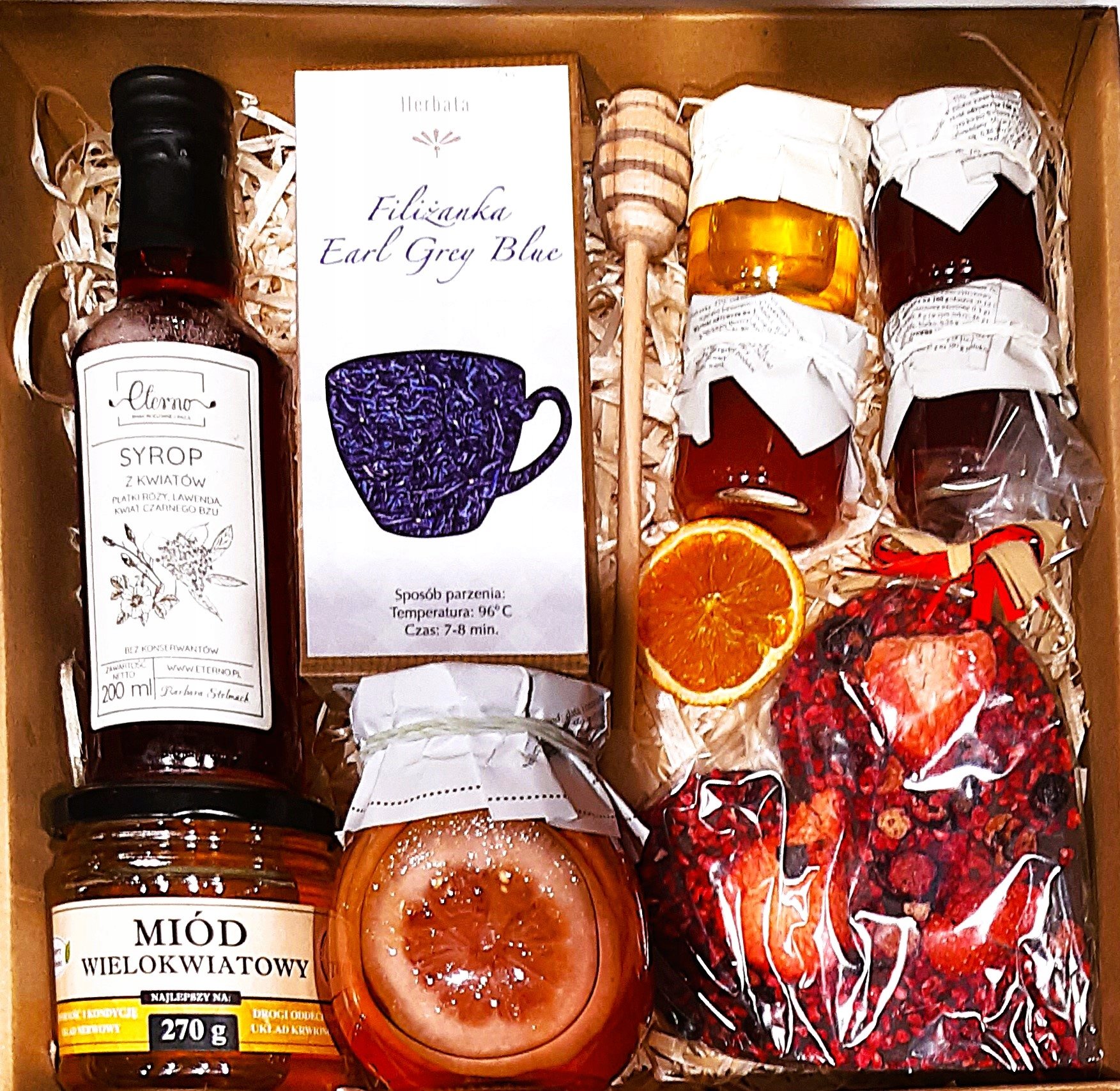 Duży Kosz Zestaw Prezentowy Czekolada Herbata Miód Syrop Cytrynki