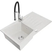 Zlewozmywaki z baterią - Mexen Cesar zlewozmywak granitowy 1-komorowy z ociekaczem i baterią kuchenną Aster, biały - miniaturka - grafika 1