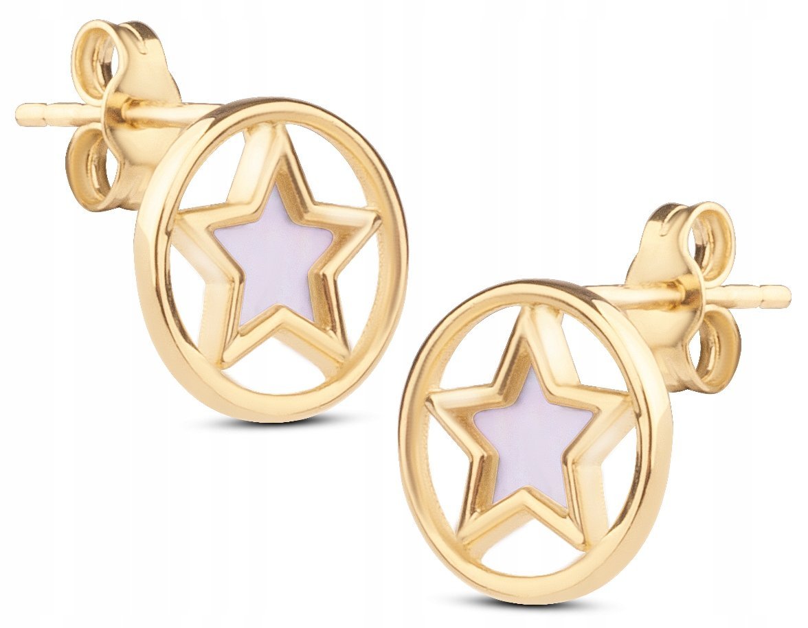 ZŁOTE OKRĄGŁE KOLCZYKI Z GWIAZDKAMI I MASĄ PERŁOWĄ 14KT 585