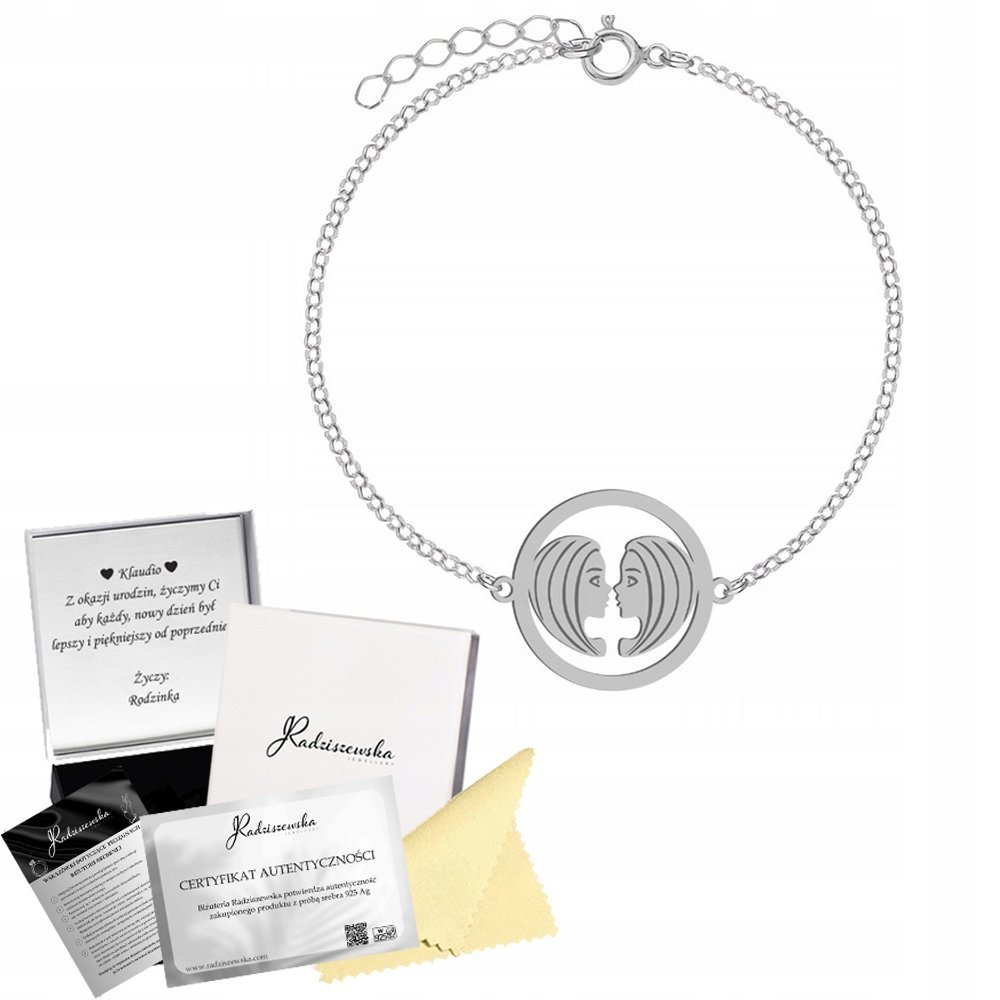 Bransoletka Srebrna Znak Zodiaku Bliźnięta Prezent Łańcuszek 925 GRAWER