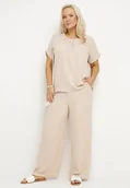 Komplety damskie - Beżowy Komplet z Bawełną Bluzka z Marszczeniem i Szerokie Spodnie Jenindriela - miniaturka - grafika 1