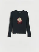 Bluzki dla dziewczynek - Reserved - Prążkowana koszula Pusheen - czarny - miniaturka - grafika 1