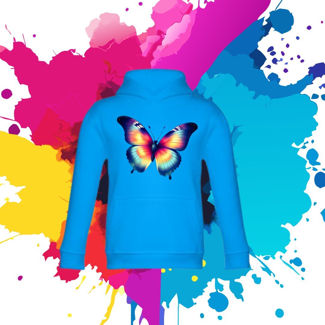 Bluza dziecięca typu kangurka z kapturem w kolorze błękitnym z nadrukiem motylek 10 lat