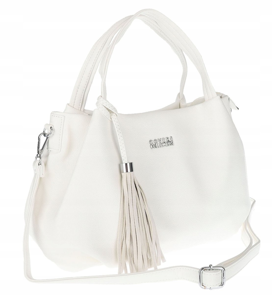 Torebka damska z eko skóry shopper z frędzlami pasek CC50964 Biała