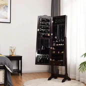 Biżuteria - akcesoria - Stojąca szafka na biżuterię, stojak na biżuterię z 14 lampkami LED, komoda na biżuterię ze stojącym lustrem, z regulacją nachylenia, trójkątny stojak, zamykana szafka z lustrem, drewno jubilerskie (brązowy) - miniaturka - grafika 1