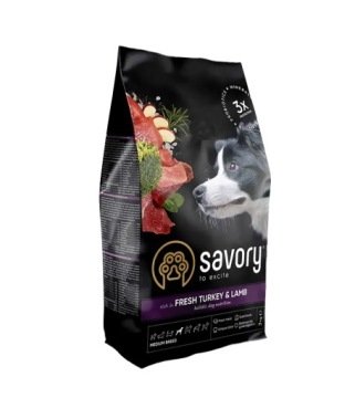 SAVORY KARMA SUCHA Z INDYKIEM I JAGNIĘCINA DLA PSÓW DOROSŁYCH ŚREDNICH RAS 3 KG