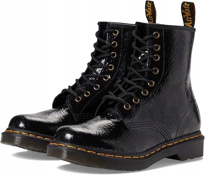 DR MARTENS CZARNE LAKIEROWANE BOTKI DAMSKIE Z ŻÓŁTYM OBSZYCIEM 36 16IA