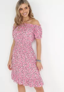 Różowa Bawełniana Sukienka Hiszpanka w Kwiaty z Marszczoną Gumką w Talii Rosaliya - Sukienki - miniaturka - grafika 1