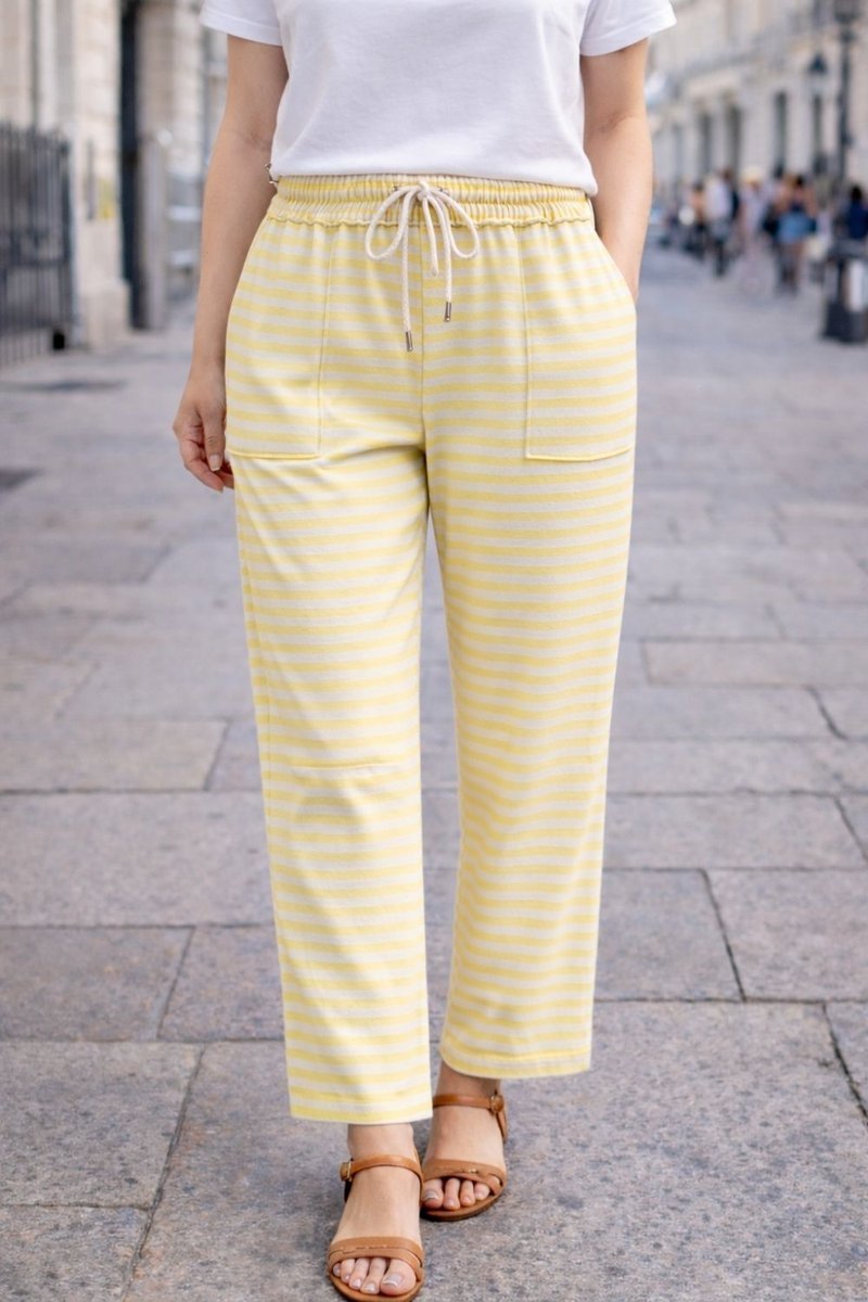 Spodnie damskie żółto-białe paski bawełna Italy casual One Size