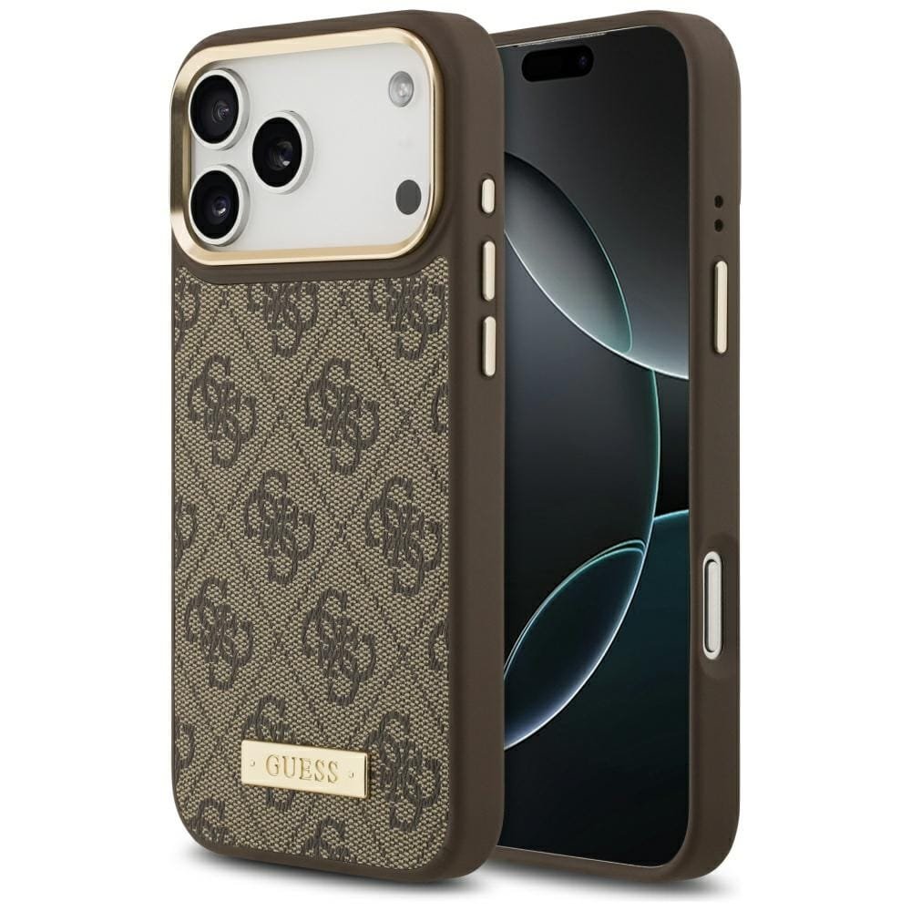 Etui Guess 4G Logo Plate MagSafe do iPhone 17 Pro Max brązowy