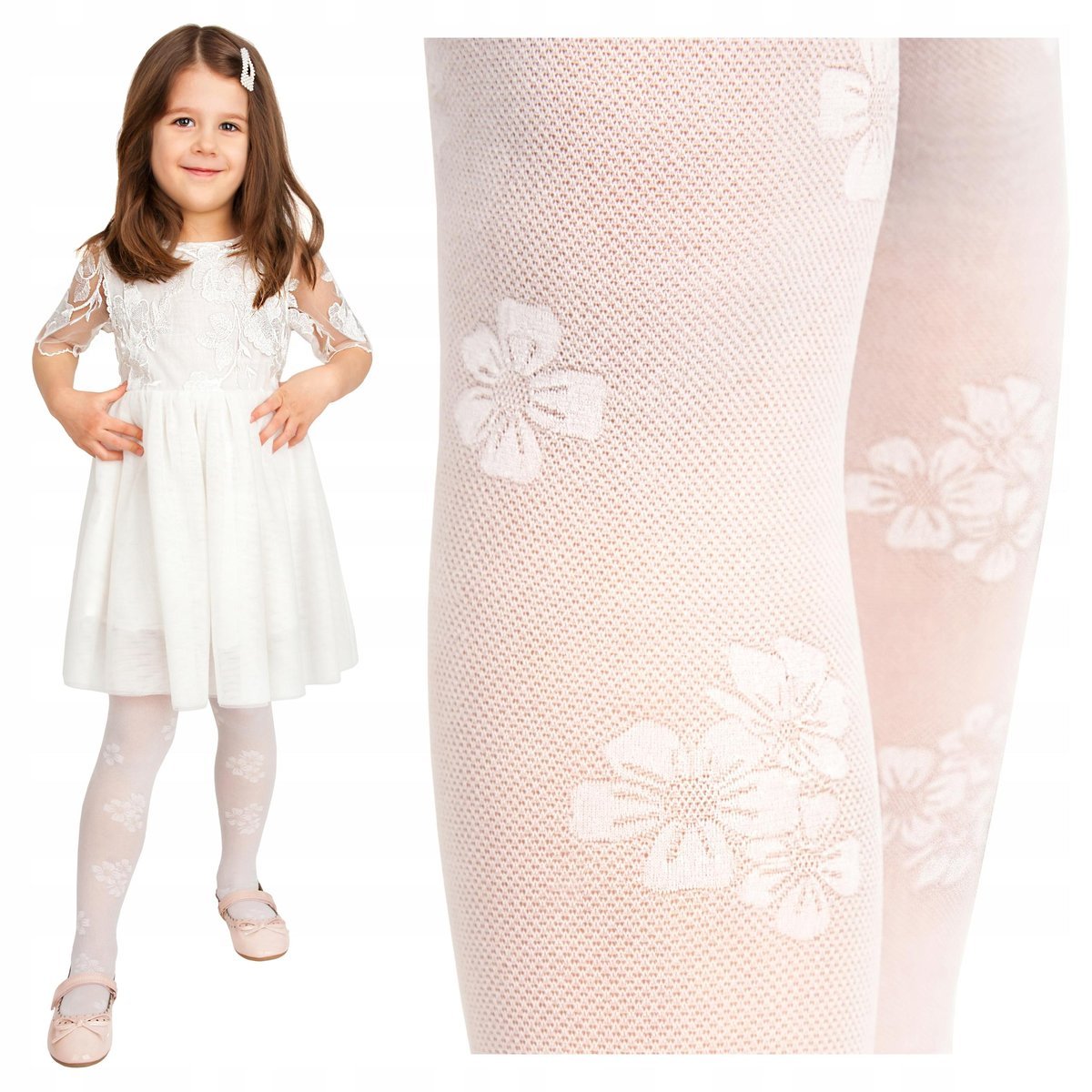 Białe RAJSTOPY Dziecięce w Kwiatki Lycra 30 DEN Noviti r. 104-110